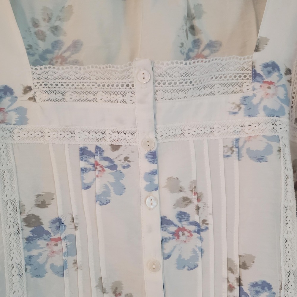 Hester & Orchard Blouse Womens XL White Blue Floral Long Sleeve Lace‎ Boho Top - Picture 3 of 8
